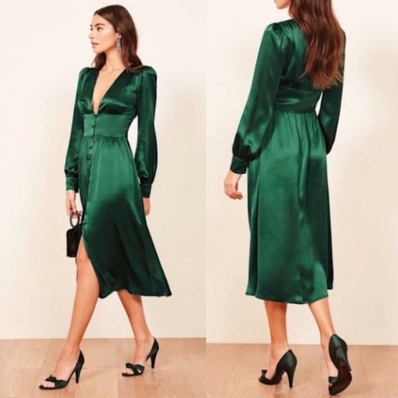 Reformation Nicola Silk Midi Dress Emerald Green 4 - Picture 2 of 12